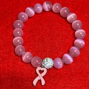Pink Cats Eye Breast Cancer Survivor Stretch Bracelet with Crystal & Charm.